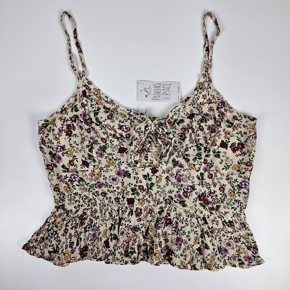 NWT Patrons of Peace Smocked Floral Flirty Keyhole Tie Camisole Babydoll Tank L